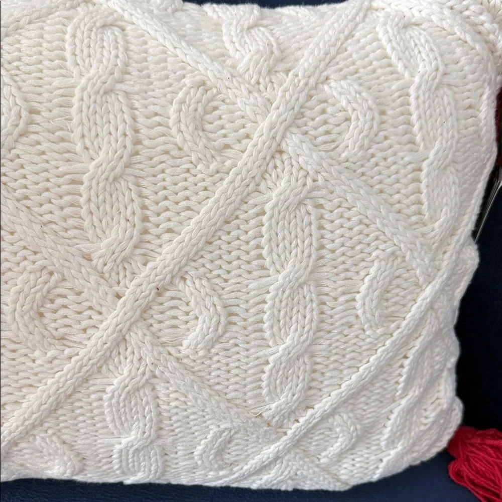 White Cable Knit Diamonds Holiday Throw Pillow with Red Tassels